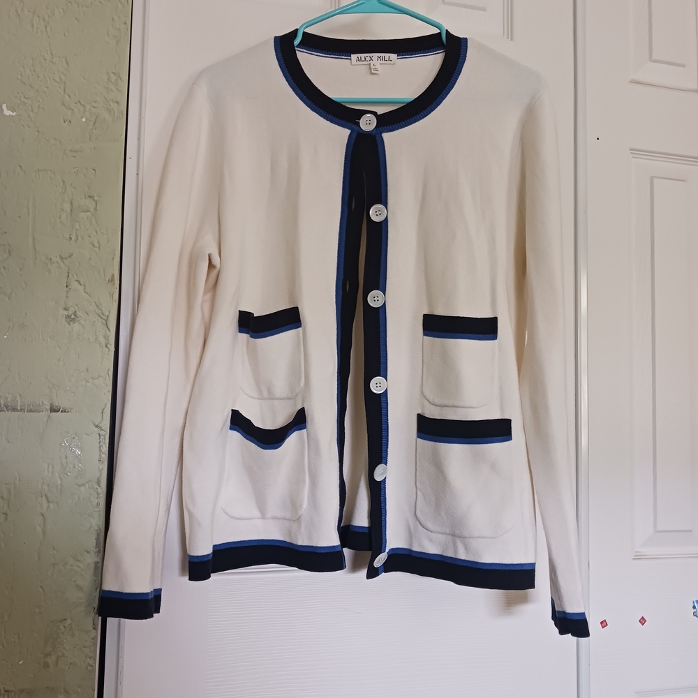 Alex Mill Women Tipped Cardigan Taylor Camile Cream Blue Cotton Cashmere SZ L